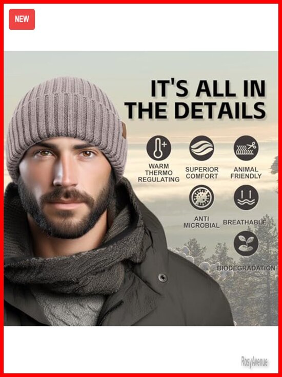 100% Merino Wool Rib Knit Beanie Unisex Cuffed Winter Hat main image 5